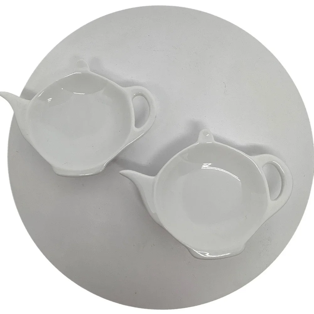 Set of 2 White Ceramic Teapot Shaped Tea Bag Holders Dish‎ Trays Tea Party